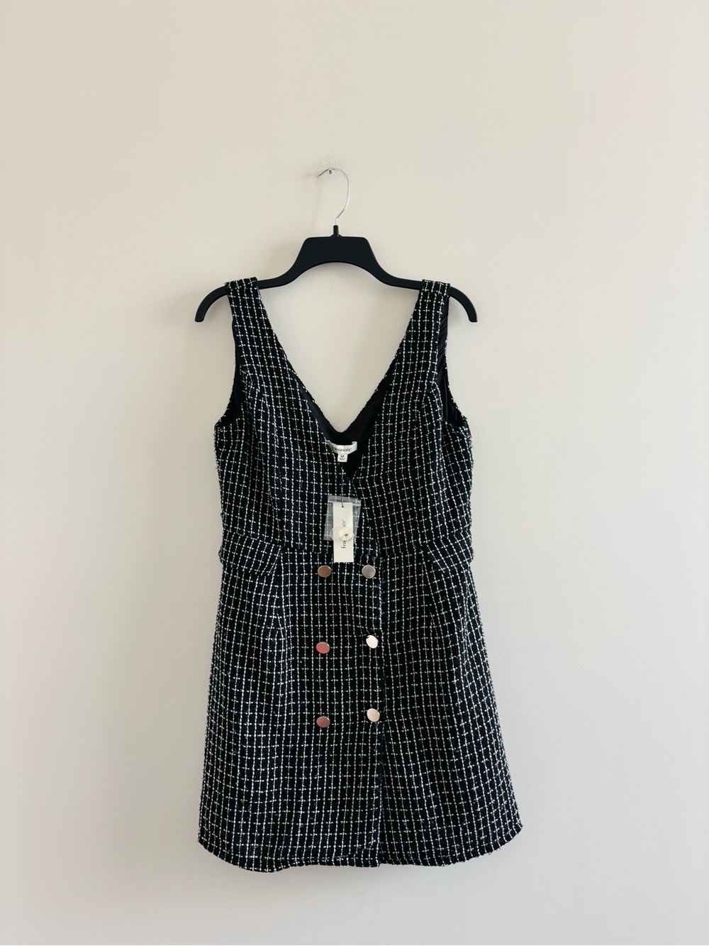 Francesca’s Dress Pinafore Tweed Black White Women M NWT Preppy Classic Chic